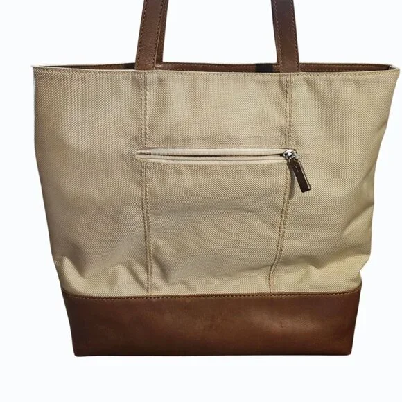 Tumi Beige Canvas & Brown Leather Tote Bag With Rear Zip Pocket And Handles - Picture 4 of 11